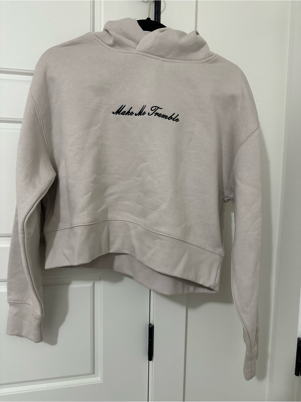 Cropped Light Beige Hoodie with Script Embroidery